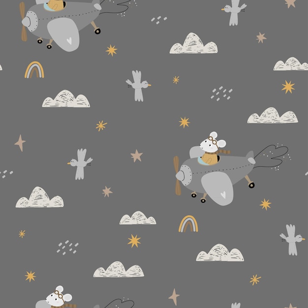 Seamless pattern with a cute mouse on the plane Travel and adventure flying among the clouds