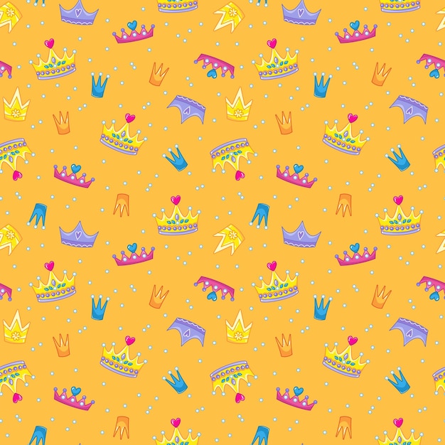 Seamless pattern with cute multicolored king or princess crowns on an orange background. Tiara and pearls in a funny children's style. Vector illustration for print clothes, postcards, textiles.