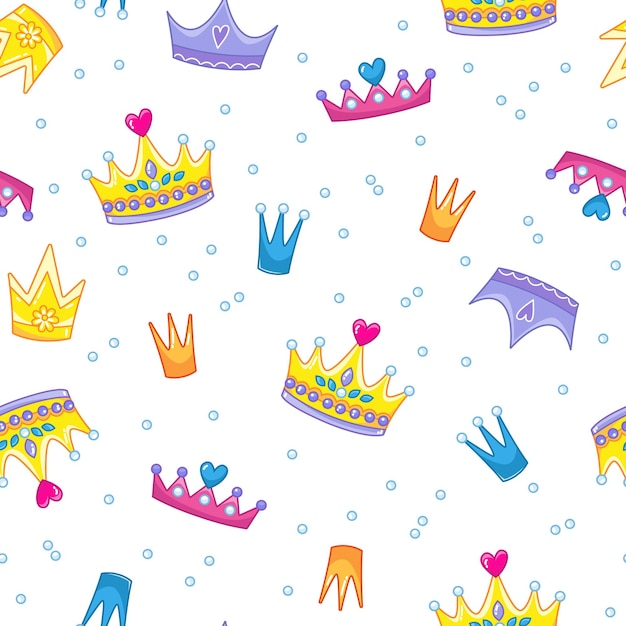 Seamless pattern with cute multicolored king or princess crowns on a white background Tiara