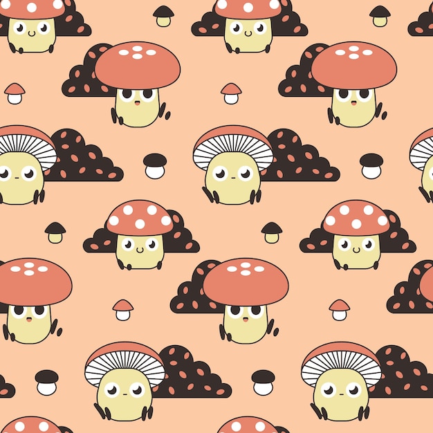 Seamless pattern with cute mushrooms in pink colors Childish print with characters of mushrooms bushes leaves and small fungi on a pink field Design for kids Vector