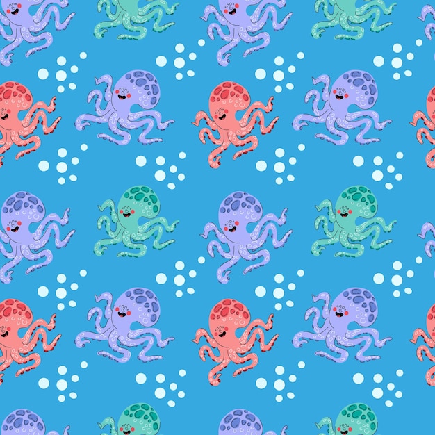 Seamless pattern with cute octopus Hand drawn illustration in scandinavian style for children