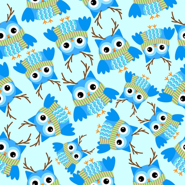 Seamless pattern with cute owl wears reindeer custom on blue background