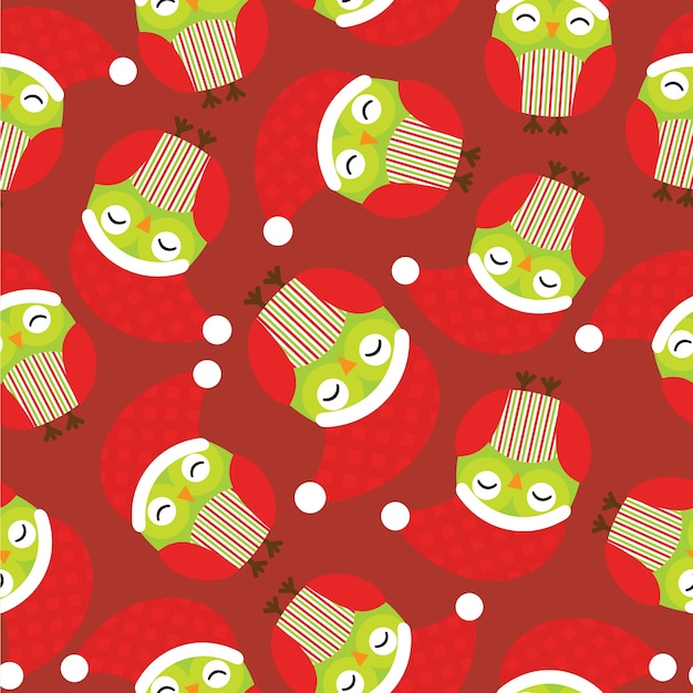 Seamless pattern with cute owl wears Santa hat on red background