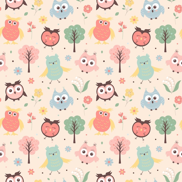 Seamless pattern with cute owls trees and flowers Scandinavian boho print for textile and wrapping