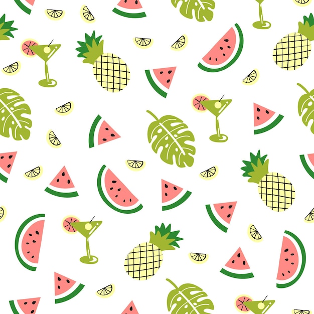 Seamless pattern with cute palm watermelon pineapple