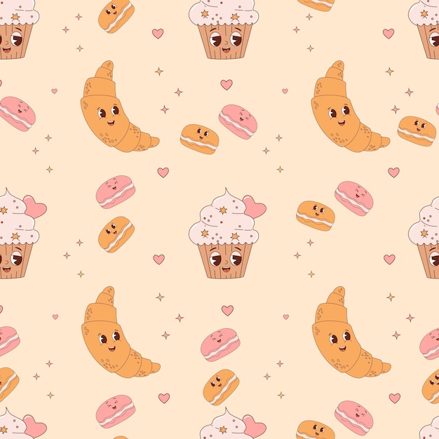 Seamless pattern with cute pastry Cartoon characters croissant macaron and cake cupcake