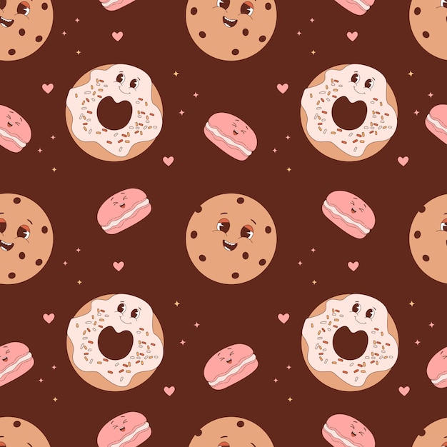 Seamless pattern with cute pastry Cartoon sweet characters on brown background