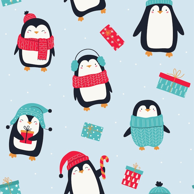 Seamless pattern with cute penguins and gift boxes on blue background. Funny penguins