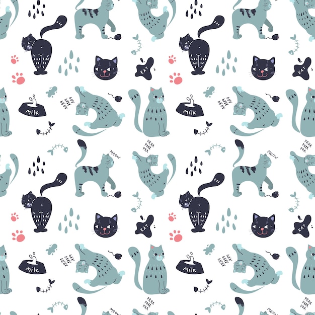 Seamless pattern with cute pet cats in different poses. Characteristic stylish characters. Vector graphics.