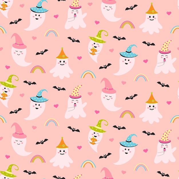 Seamless pattern with cute pink halloween ghost bats rainbows and hearts Creepy baby boo characters