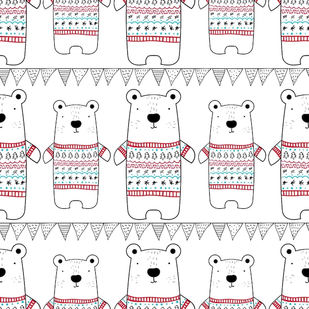 Seamless pattern with cute polar bear in winter pullover and party bunting flags Christmas  New Year