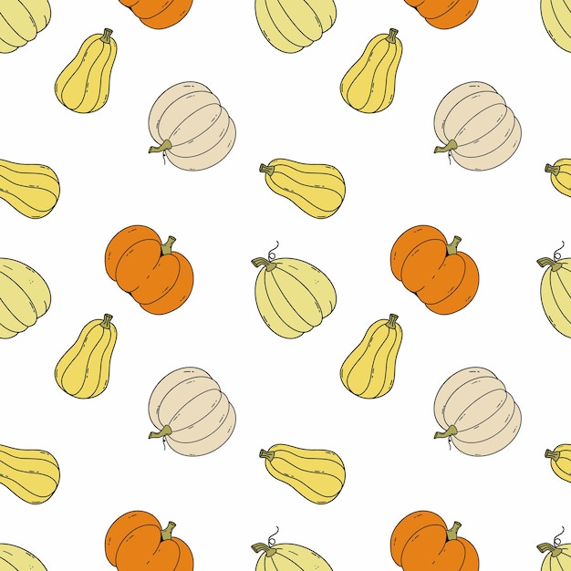 Seamless pattern with cute pumpkin doodle style. Autumn harvest. Background for sewing children clothing and printing fabric. Wrapping paper Halloween holiday.