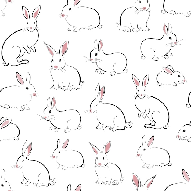 Seamless pattern with cute rabbit or hare in oriental style on a white background. Graphic print