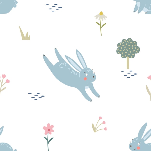 Seamless pattern with Cute rabbit, tree and flowers.