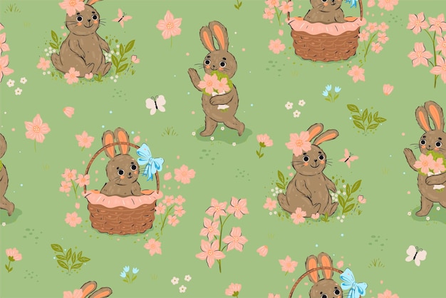 Seamless pattern with cute rabbits and flowers Vector graphics