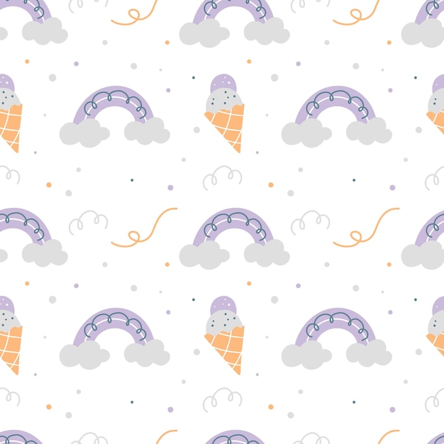 Seamless pattern with cute rainbow clouds ice cream nursery print