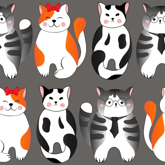 Seamless pattern with cute red and grey cats on grey background Vector illustration for children