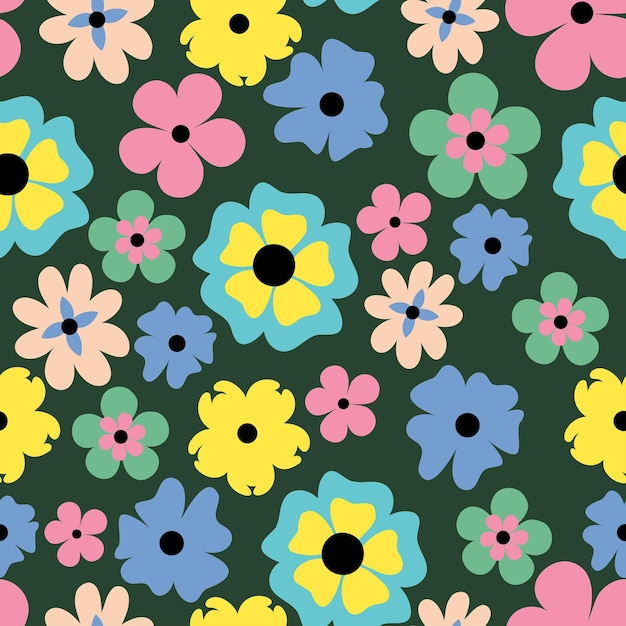 Seamless pattern with cute retro groovy flowers on green background