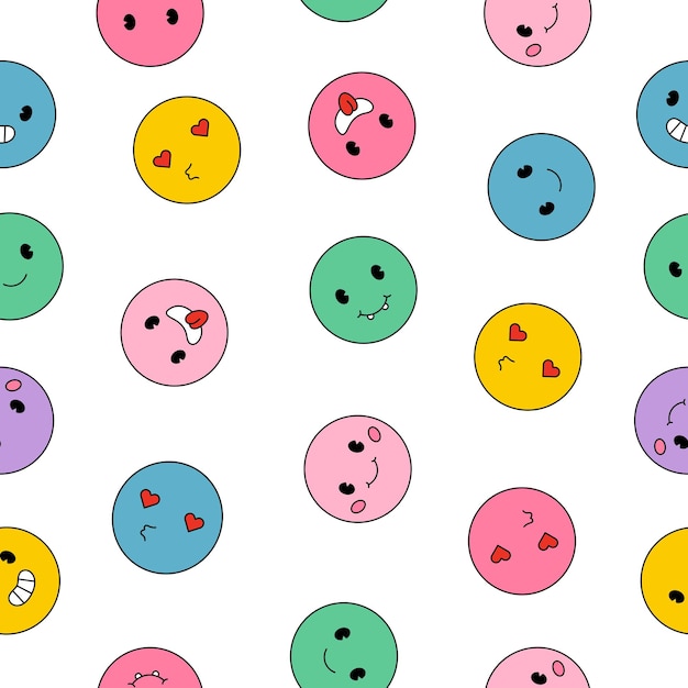 Seamless pattern with cute round faces on white background