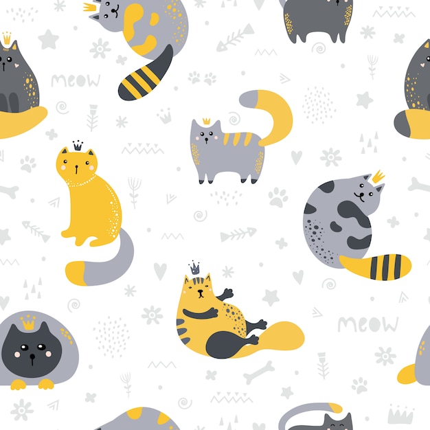 Seamless pattern with cute Scandinavian style cats