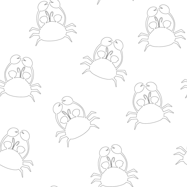 Seamless pattern with cute sea crab Black outline crab Vector illustration white background