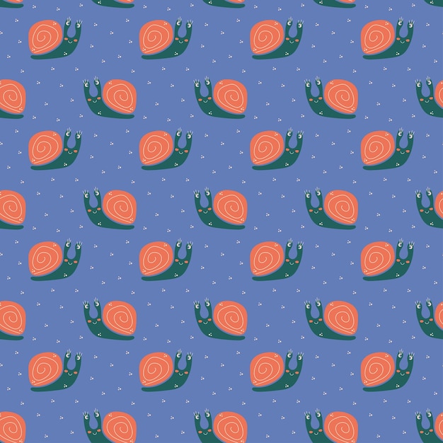 Seamless pattern with a cute snail character Cartoon flat vector illustration