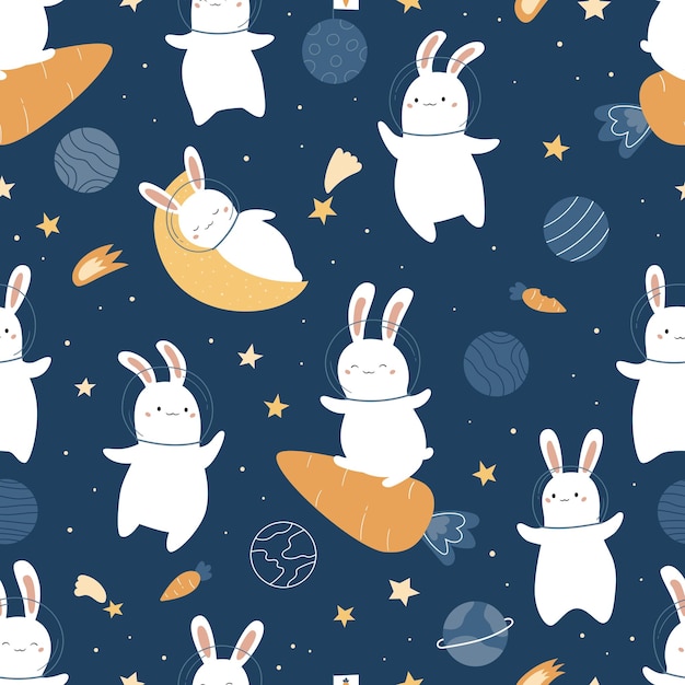 Seamless pattern with cute space rabbits