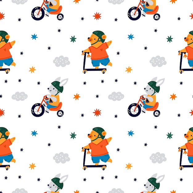 Seamless pattern with cute sport baby animals bears and bunny riding bicycle and scooter