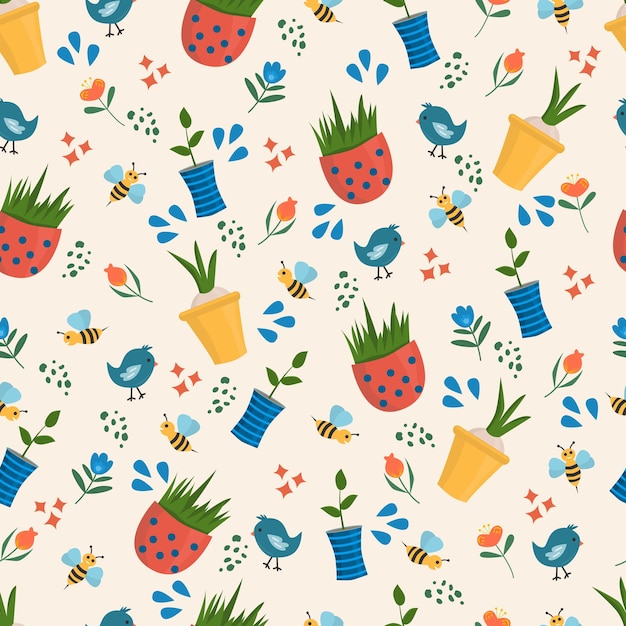 Seamless pattern with cute spring elements Vector flat illustration of garden with pot grass plan