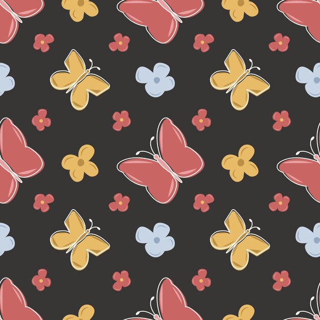 Seamless pattern with cute spring flowers and beautiful butterfly. Pastel colors. For textiles, wallpaper, paper and scrapbooking. Vector illustration isolated on dark background.