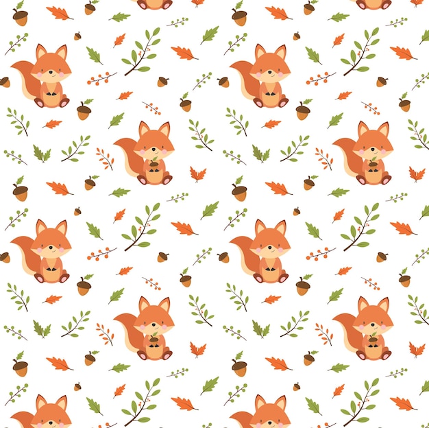 Seamless pattern with cute squirrel, leaves and acorn. Pattern for fabric, packaging, children's clothing, wallpaper, notebooks.