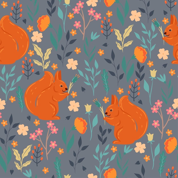 Seamless pattern with cute squirrels and flowers Vector graphics