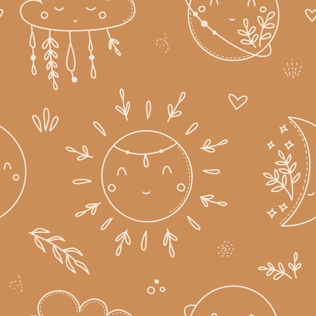 Seamless pattern with cute sun cloud moon and planet in boho style Vector illustration for textile paper Baby shower digital paper