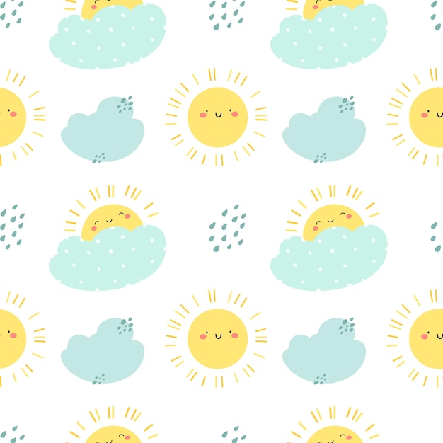 Seamless pattern with cute sun and clouds Vector children's illustration in cartoon style