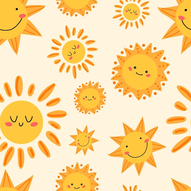 Seamless pattern with a cute sun Different cute sunshine pattern Summer positive childrens pattern