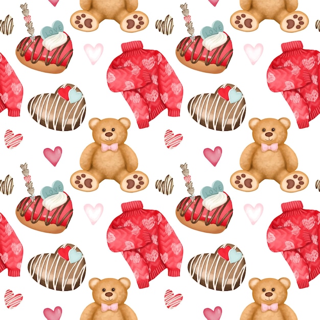 Seamless pattern with cute teddy bear, sweet desserts, sweater and hearts