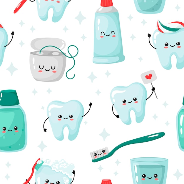 Seamless pattern with cute teeth and dental care items on a white background. funny kawaii.