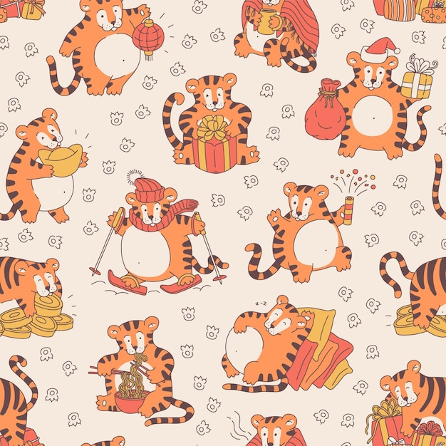 Seamless pattern with cute tigers. Festive background with funny chinese new year symbol tigris. Vector cartoon characters illustration.