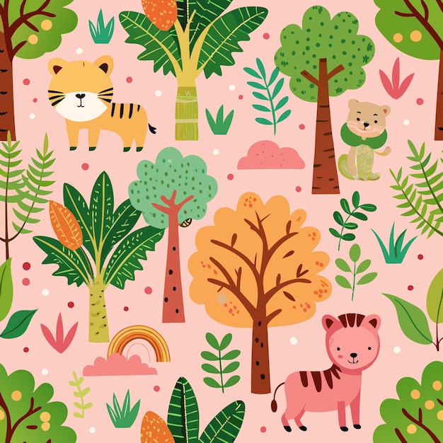 Vector seamless pattern with cute tigers trees and rainbows on a pink background