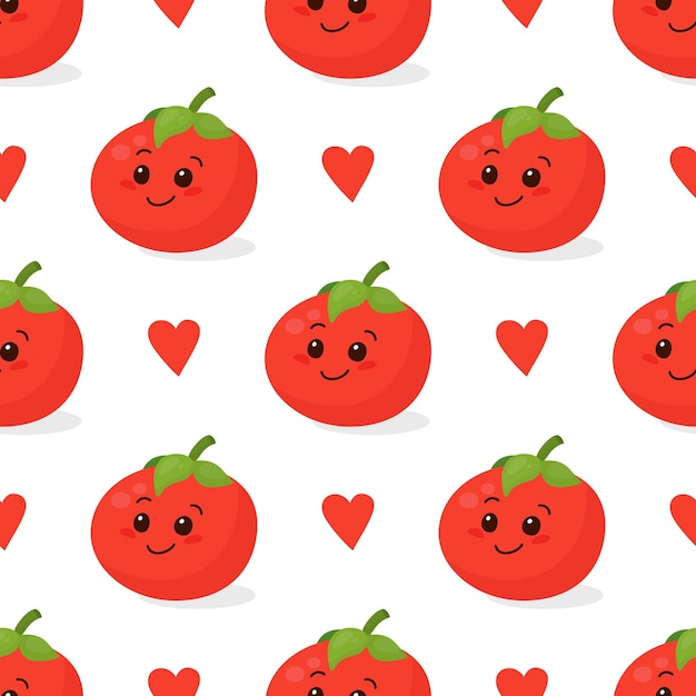 Seamless Pattern with Cute Tomato Isolated on White Funny Smiling Tomato Vector Seamless Background for Card Apparel Textile Print Kids Design Children Baby Vegan Vegetarian Food Concept