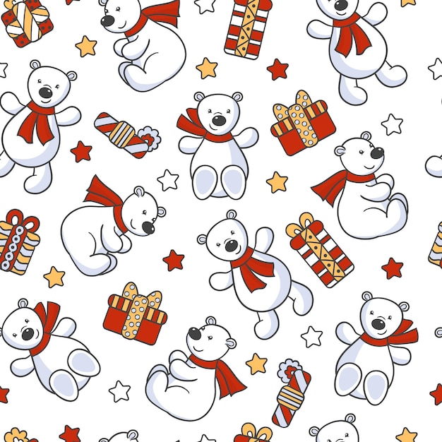 Seamless pattern with cute toy bears and gifts