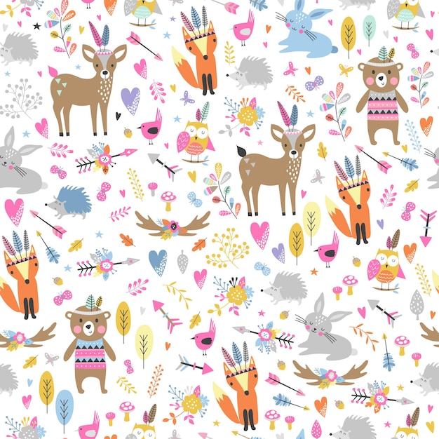 Seamless pattern with cute tribal animals in cartoon style. Forest friends illustration, bear, deer, fox, hedgehog, squirrel, owl.  