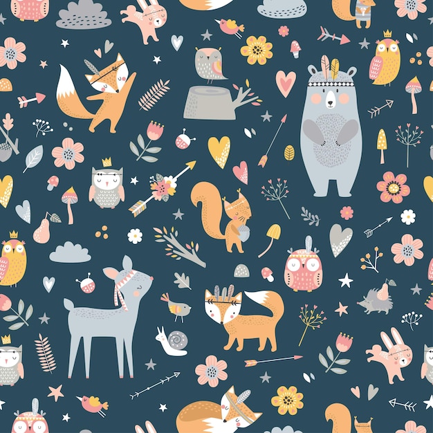 Seamless pattern with cute tribal animals in cartoon style. Forest friends illustration, bear, deer, fox, hedgehog, squirrel, owl.  