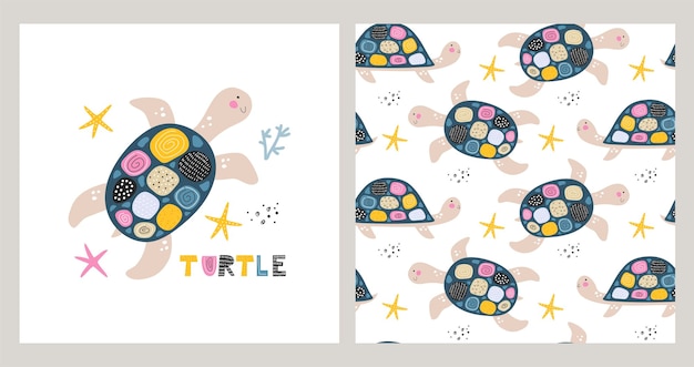 Seamless pattern with cute turtles Kids print Vector hand drawn illustration