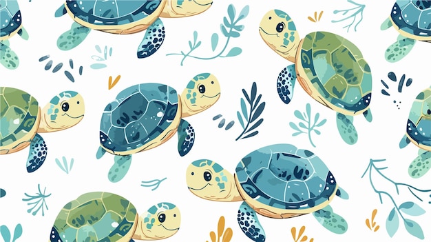 Vector seamless pattern with cute turtles kids print