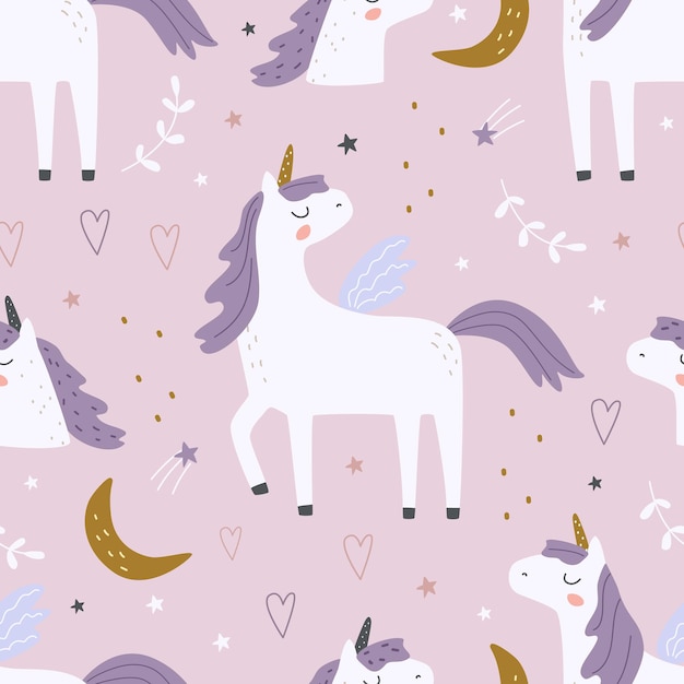 Seamless pattern with a cute unicorn on a colored background Vector illustration for printing