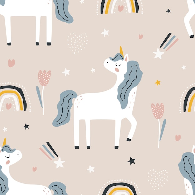 Seamless pattern with a cute unicorn and a rainbow on a colored background Vector illustration