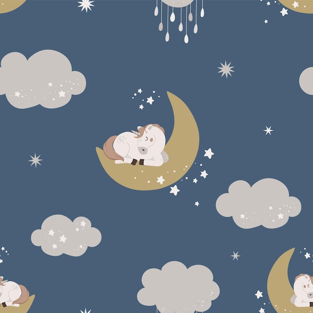 Seamless pattern with cute unicorn in the sky celestial vector illustration