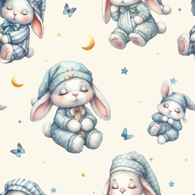 Seamless pattern with Cute watercolor sleeping bunny on moon and cloud