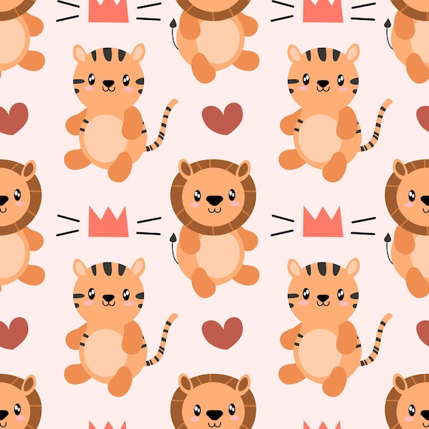 Seamless pattern with cute wild animal Tiger and lion African safari Vector illustration Scandinavian style flat design Concept for kids textile print poster card EPS